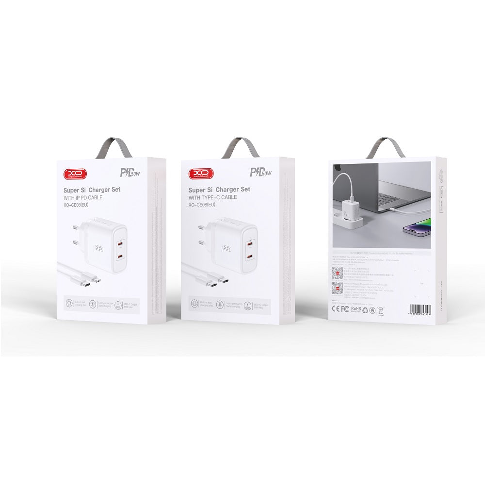 XO ŁADOWARKA SIECIOWA CE08 PD 50W 2X USB-C BIAŁA + KABEL USB-C - LIGHTNING