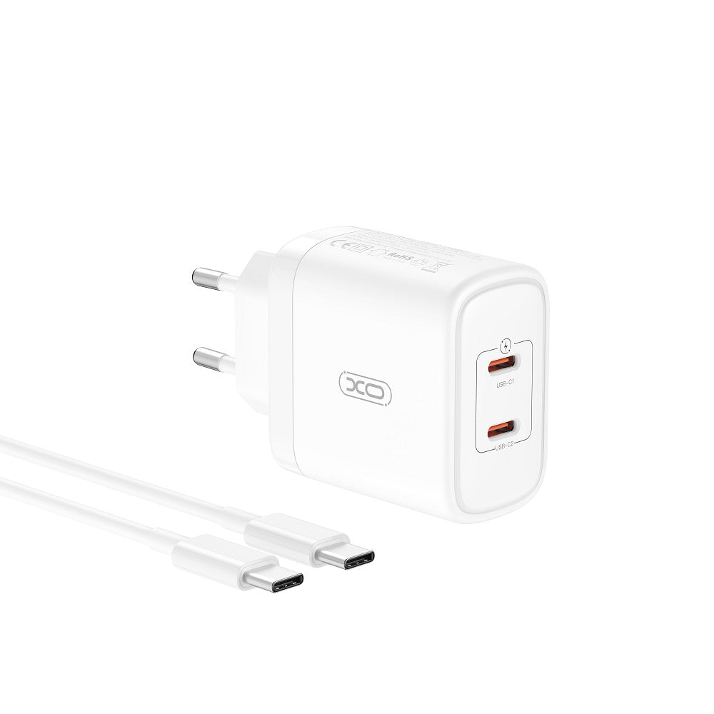 XO ŁADOWARKA SIECIOWA CE08 PD 50W 2X USB-C BIAŁA + KABEL USB-C - USB-C