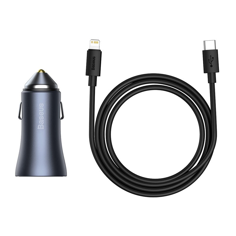 BASEUS ŁADOWARKA SAMOCHODOWA GOLDEN CONTACTOR PRO 1X USB 1X USB-C QC 40W CZARNY + KABEL LIGHTNING - USB-C