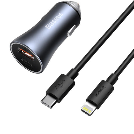 BASEUS ŁADOWARKA SAMOCHODOWA GOLDEN CONTACTOR PRO 1X USB 1X USB-C QC 40W CZARNY + KABEL LIGHTNING - USB-C