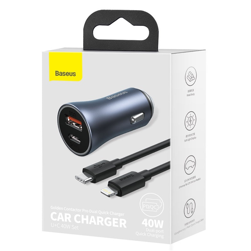 BASEUS ŁADOWARKA SAMOCHODOWA GOLDEN CONTACTOR PRO 1X USB 1X USB-C QC 40W CZARNY + KABEL LIGHTNING - USB-C