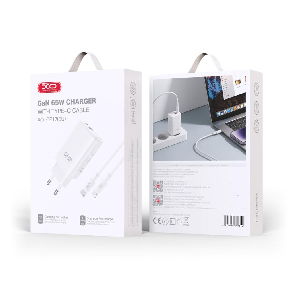XO ŁADOWARKA SIECIOWA CE17 PD 65W 1X USB-C 1X USB BIAŁA + KABEL USB-C - USB-C