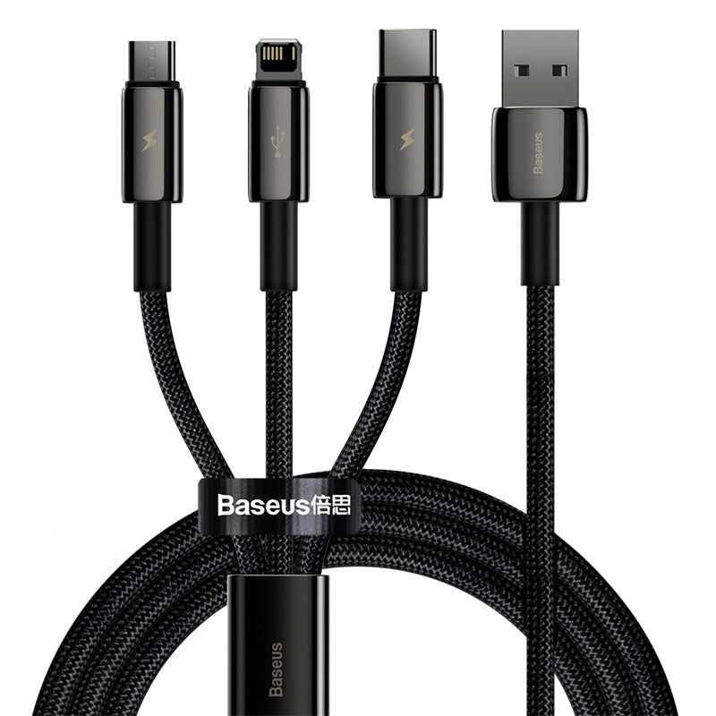 BASEUS KABEL 3W1 TUNGSTEN USB - MICRO USB + LIGHTNING + USB-C 1,5M 3,5A CZARNY