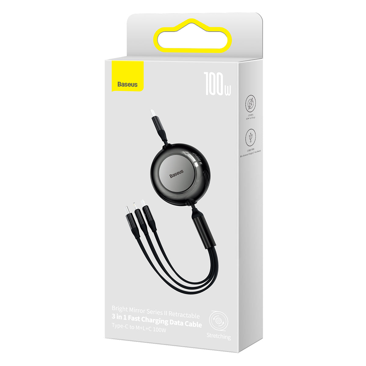 BASEUS KABEL BRIGHT MIRROR 2 3W1 USB - MICRO USB + LIGHTNING + USB-C 1,1M 100W CZARNY ZWIJANY