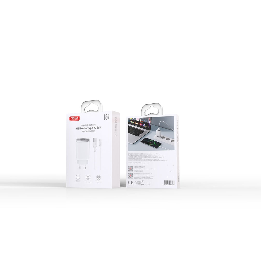 XO ŁADOWARKA SIECIOWA CE19 QC 18W 1X USB BIAŁA + KABEL USB-C