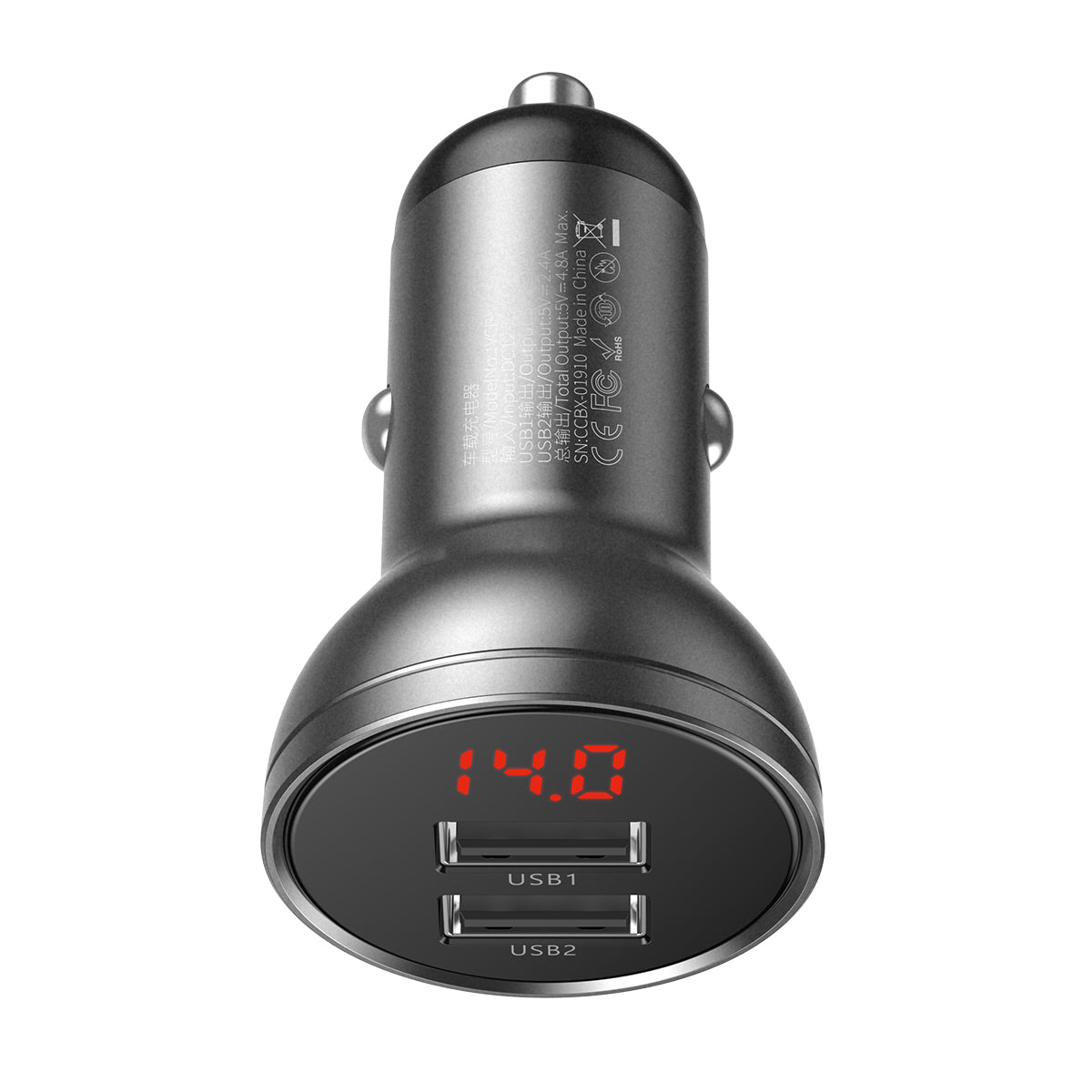 BASEUS ŁADOWARKA SAMOCHODOWA USB 2X 24W SZARA DIGITAL DISPLAY 4.8A