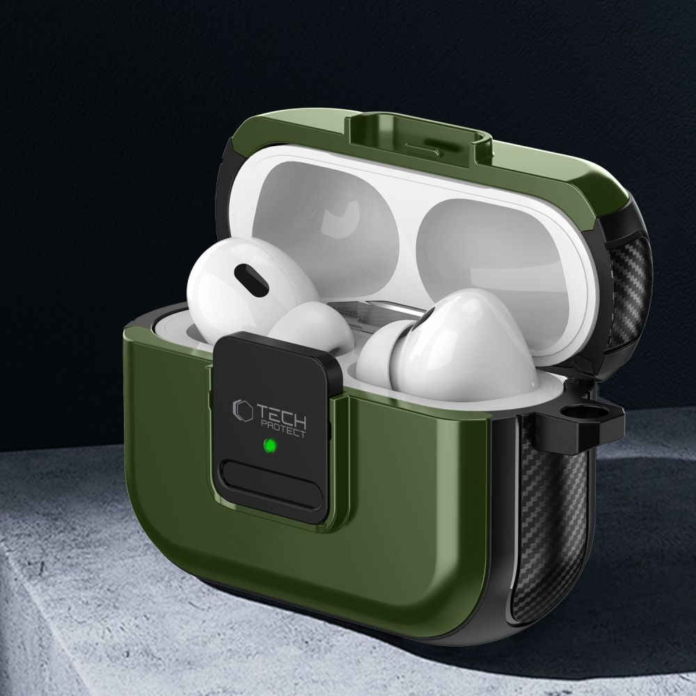ETUI NA SŁUCHAWKI TECH-PROTECT DEFENDER HOOK MAGSAFE APPLE AIRPODS PRO 1 / 2 OLIWKOWE