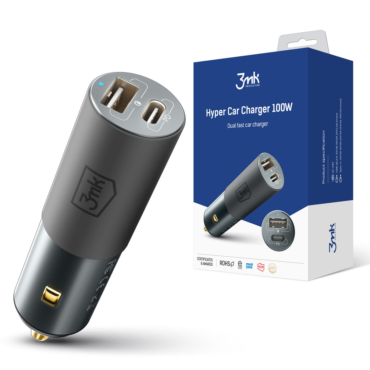 ŁADOWARKA SAMOCHODOWA 3MK HYPER 100W PD QC PPS 1 USB I 1 USB C SILVER/GRAY SZARA