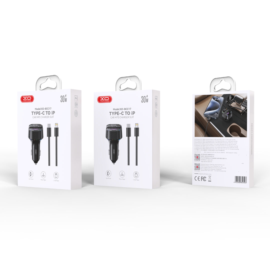XO TRANSMITER FM BCC17 BLUETOOTH MP3 ŁADOWARKA SAMOCHODOWA 30W CZARNA + KABEL USB-C - USB-C