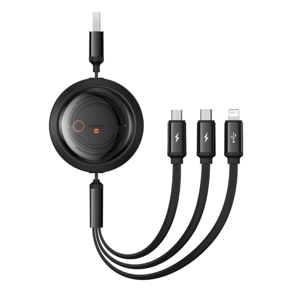 BASEUS KABEL FREE2DRAW RETRACTABLE CRYSTAL FAST CHARGING DATA CABLE USB TO M+L+C 100W 1.1M CLUSTER CZARNY