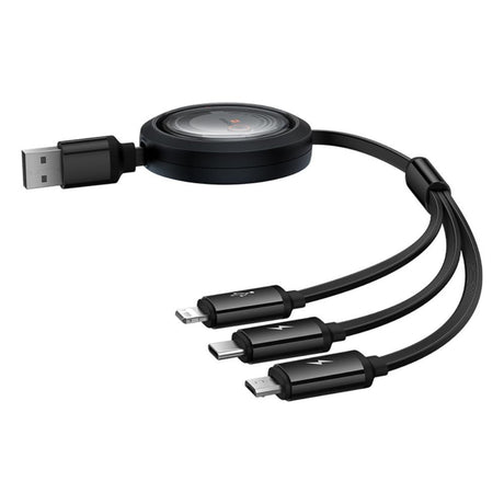 BASEUS KABEL FREE2DRAW RETRACTABLE CRYSTAL FAST CHARGING DATA CABLE USB TO M+L+C 100W 1.1M CLUSTER CZARNY