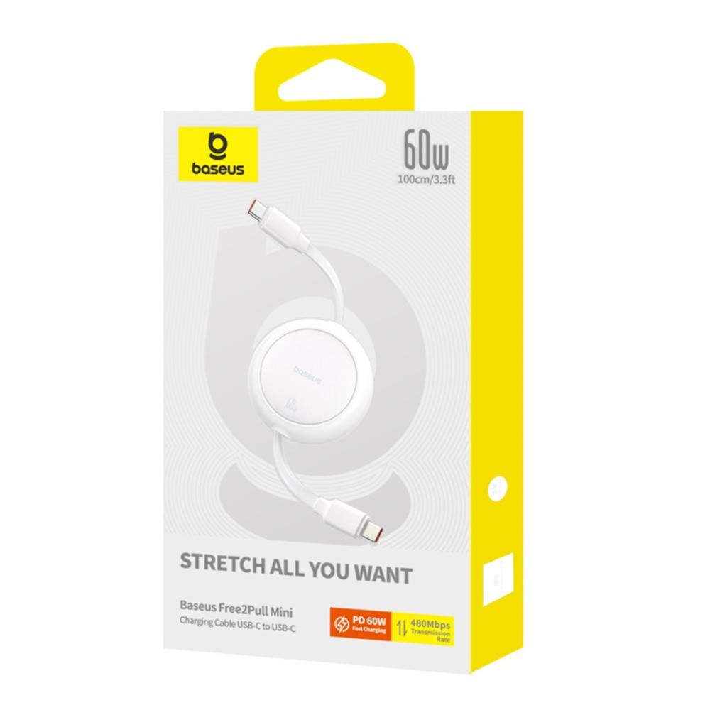 BASEUS KABEL FREE2PULL MINI CHARGING CABLE USB-C TO USB-C 60W 1M BIAŁY