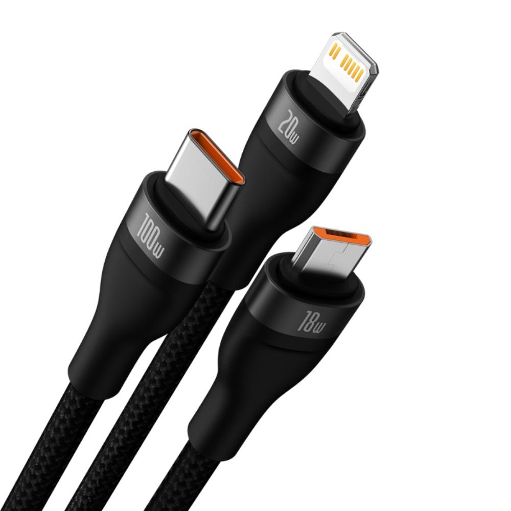 BASEUS KABEL 3W1 FLASH II USB + USB-C - LIGHTNING + USB-C + MICRO USB 1,5 M 3,5A CZARNY 100W