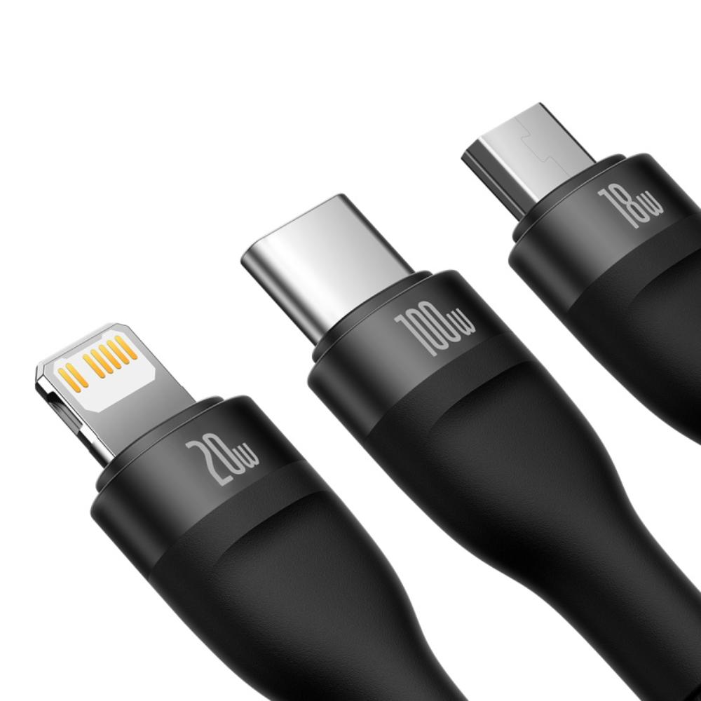 BASEUS KABEL 3W1 FLASH II USB + USB-C - LIGHTNING + USB-C + MICRO USB 1,5 M 3,5A CZARNY 100W