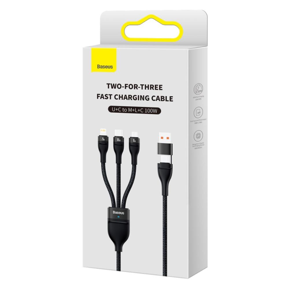 BASEUS KABEL 3W1 FLASH II USB + USB-C - LIGHTNING + USB-C + MICRO USB 1,5 M 3,5A CZARNY 100W