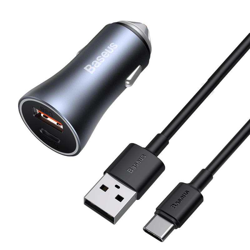 BASEUS ŁADOWARKA SAMOCHODOWA GOLDEN CONTACTOR PRO 1X USB 1X USB-C QC 40W CZARNY + KABEL USB - USB-C 5A