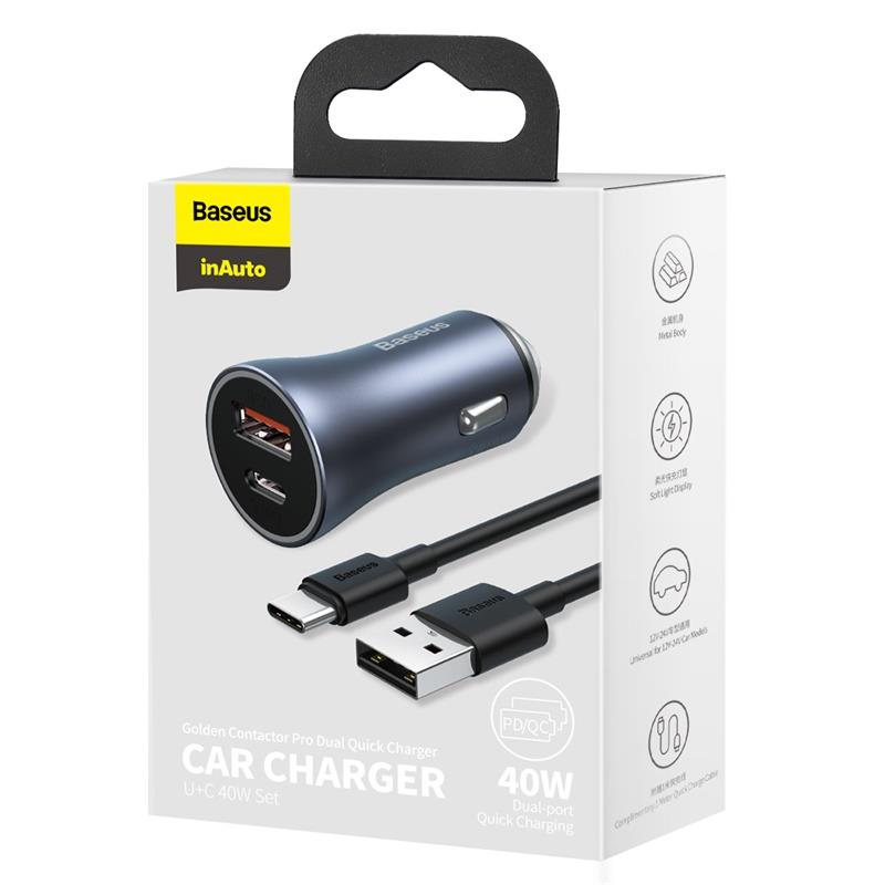 BASEUS ŁADOWARKA SAMOCHODOWA GOLDEN CONTACTOR PRO 1X USB 1X USB-C QC 40W CZARNY + KABEL USB - USB-C 5A