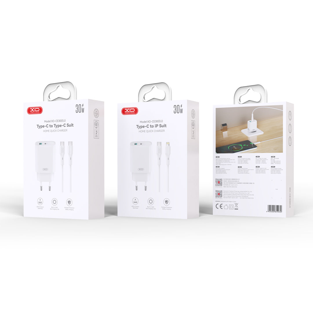 XO ŁADOWARKA SIECIOWA CE30 PD 30W 1X USB-C 1X USB BIAŁA + KABEL USB-C - LIGHTNING