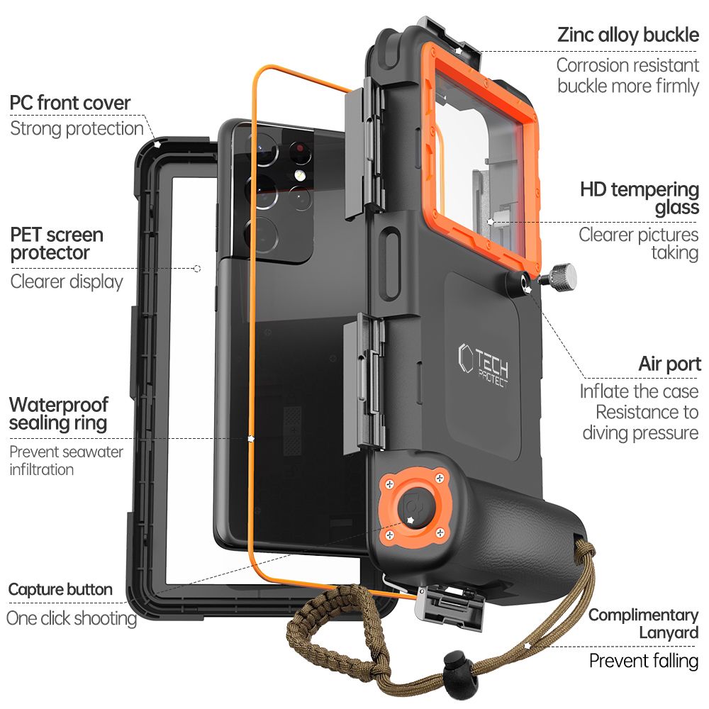 ETUI WODOODPORNE TECH-PROTECT IPX8 UNIVERSAL DIVING WATERPROOF CASE CZARNO POMARAŃCZOWE