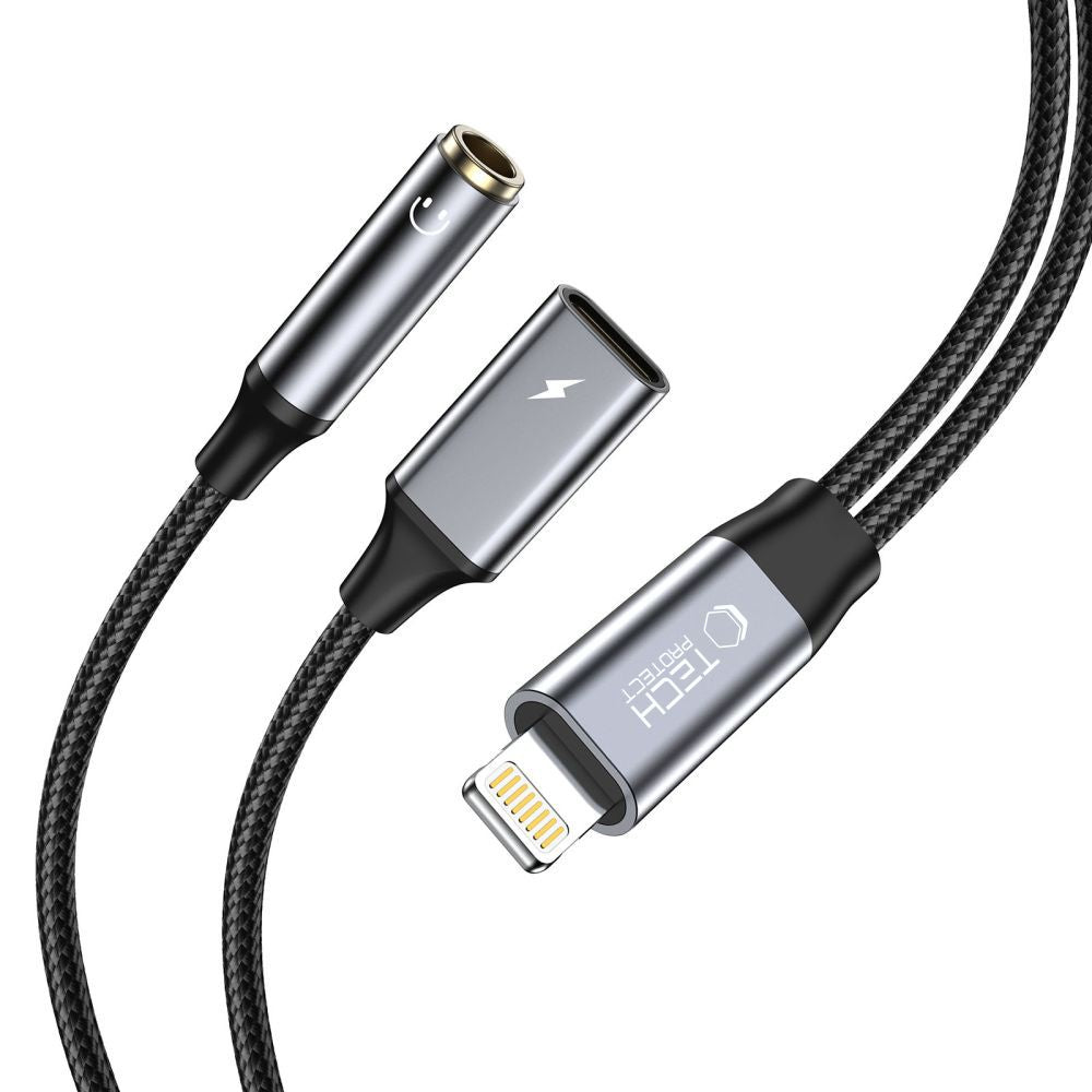 KABEL ADAPTER TECH-PROTECT ULTRABOOST CABLE ADAPTER LIGHTNING TO MINI JACK 3.5MM & LIGHTNING CZARNY