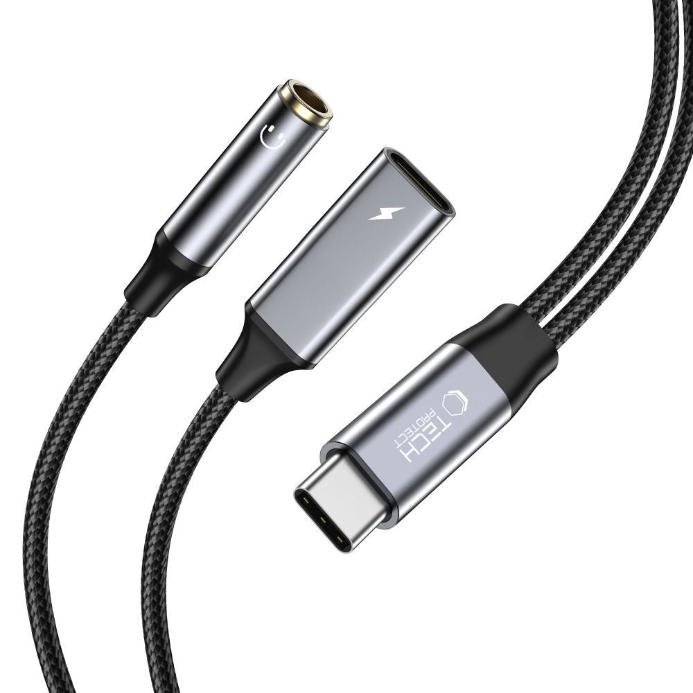 KABEL ADAPTER TECH-PROTECT ULTRABOOST CABLE ADAPTER PD60W/6A TYPE-C TO MINI JACK 3.5MM & TYPE-C CZARNY