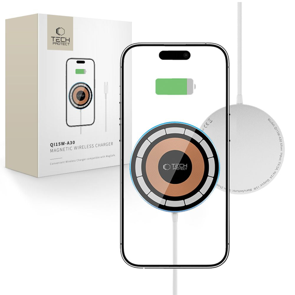 ŁADOWARKA INDUKCYJNA TECH-PROTECT QI15W-A30 MAGNETIC MAGSAFE WIRELESS CHARGER SREBRNA