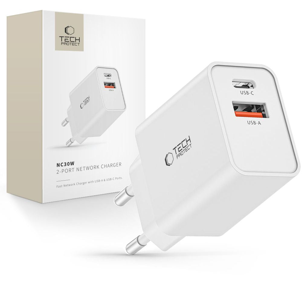 ŁADOWARKA SIECIOWA TECH-PROTECT NC30W 2-PORT NETWORK CHARGER PD30W/QC3.0 BIAŁA