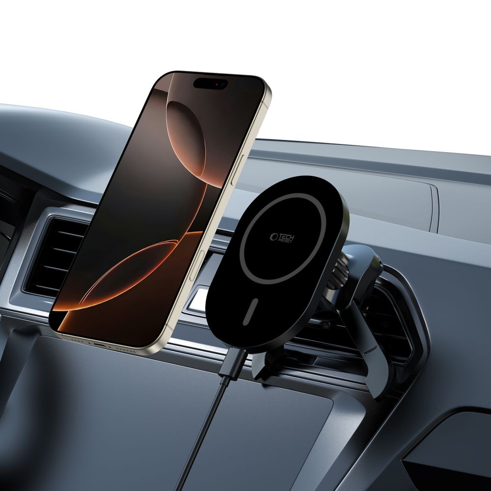 UCHWYT SAMOCHODOWY Z ŁADOWANIEM INDUKCYJNYM TECH-PROTECT MM15W-V6 MAGNETIC MAGSAFE STABLE VENT CAR MOUNT WIRELESS CHARGER 15W CZARNY