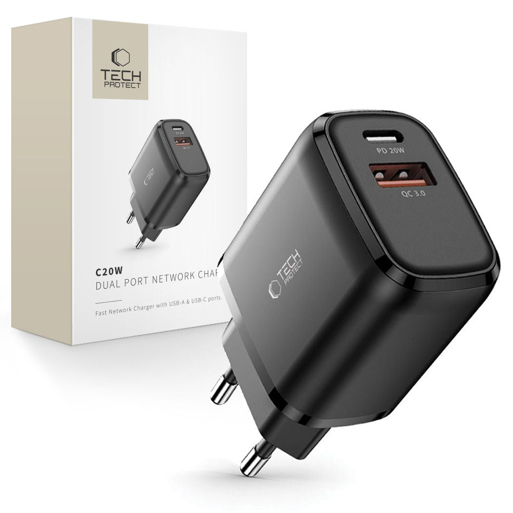 ŁADOWARKA SIECIOWA TECH-PROTECT C20W 2-PORT NETWORK CHARGER PD20W/QC3.0 CZARNA