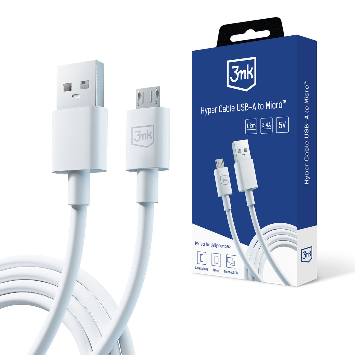 KABEL 3MK HYPER CABLE A TO MICRO 1.2M 5V 2,4A WHITE BIAŁY