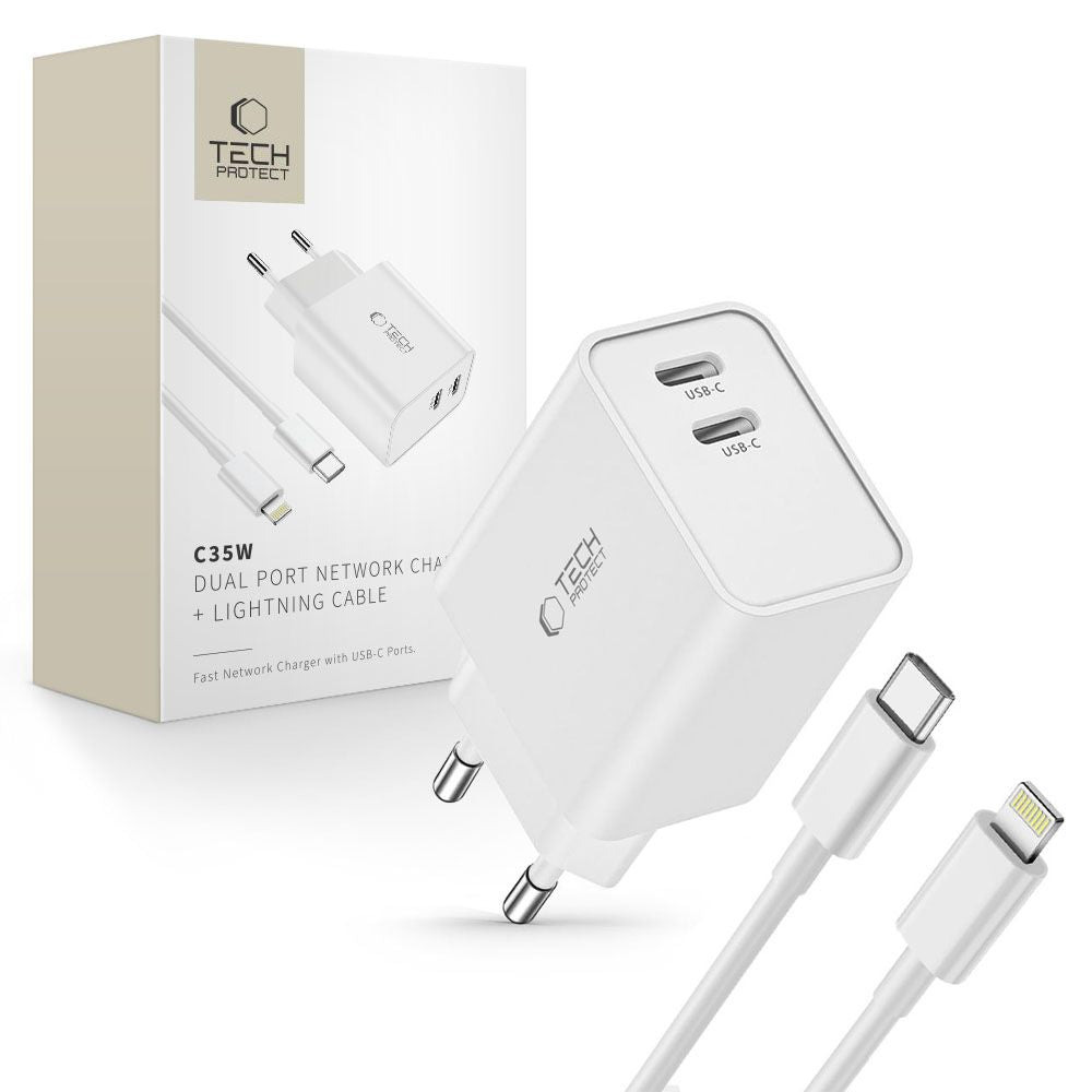 ŁADOWARKA SIECIOWA TECH-PROTECT C35W 2-PORT NETWORK CHARGER PD35W + LIGHTNING KABEL BIAŁA