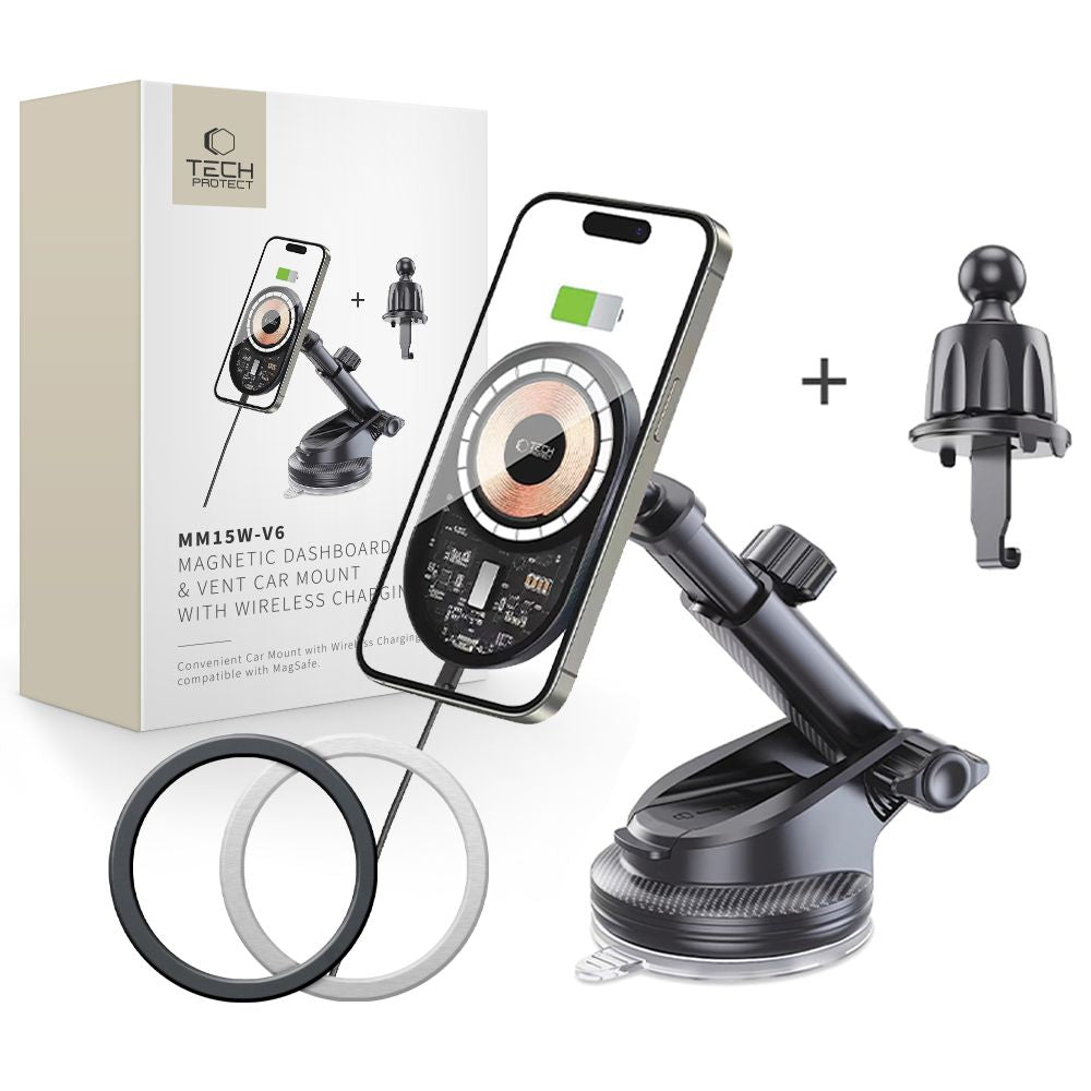 UCHWYT SAMOCHODOWY DO KRATKI, KOKPIT I SZYBĘ Z ŁADOWANIEM INDUKCYJNYM TECH-PROTECT MM15W-V6 MAGNETIC MAGSAFE DASHBOARD & VENT CAR MOUNT WIRELESS CHARGER 15W CZARNY