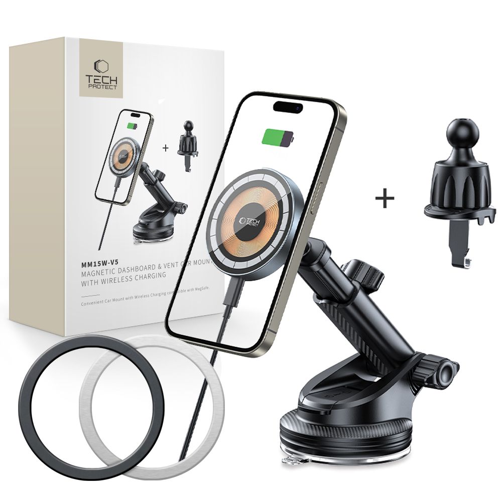 UCHWYT SAMOCHODOWY DO KRATKI, KOKPIT I SZYBĘ Z ŁADOWANIEM INDUKCYJNYM TECH-PROTECT MM15W-V5 MAGNETIC MAGSAFE WIRELESS CHARGER 15W CZARNY
