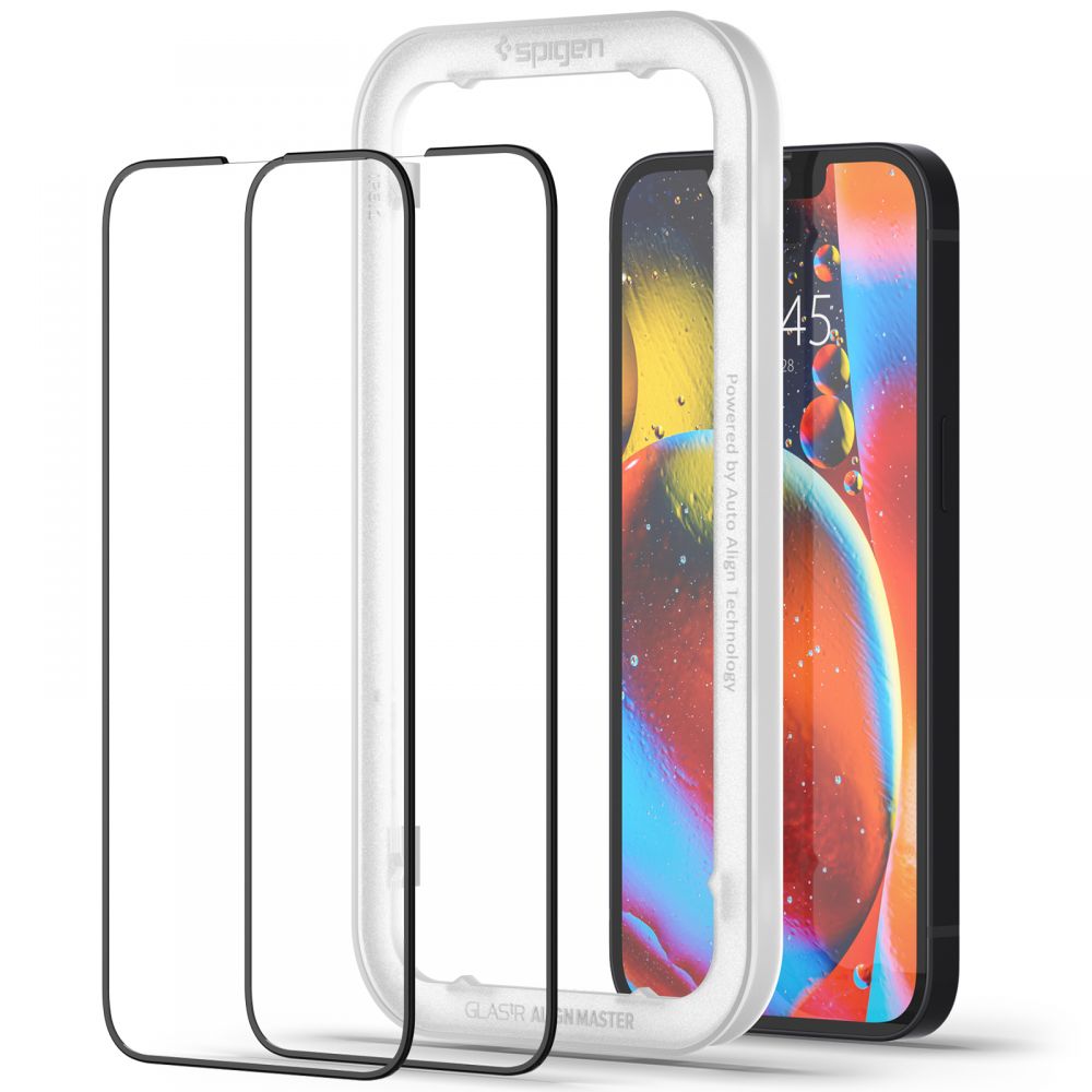 SZKŁO HARTOWANE SPIGEN ALM GLASS FC 2-PACK IPHONE 13 / 13 PRO / 14 / 16E BLACK CZARNA RAMKA