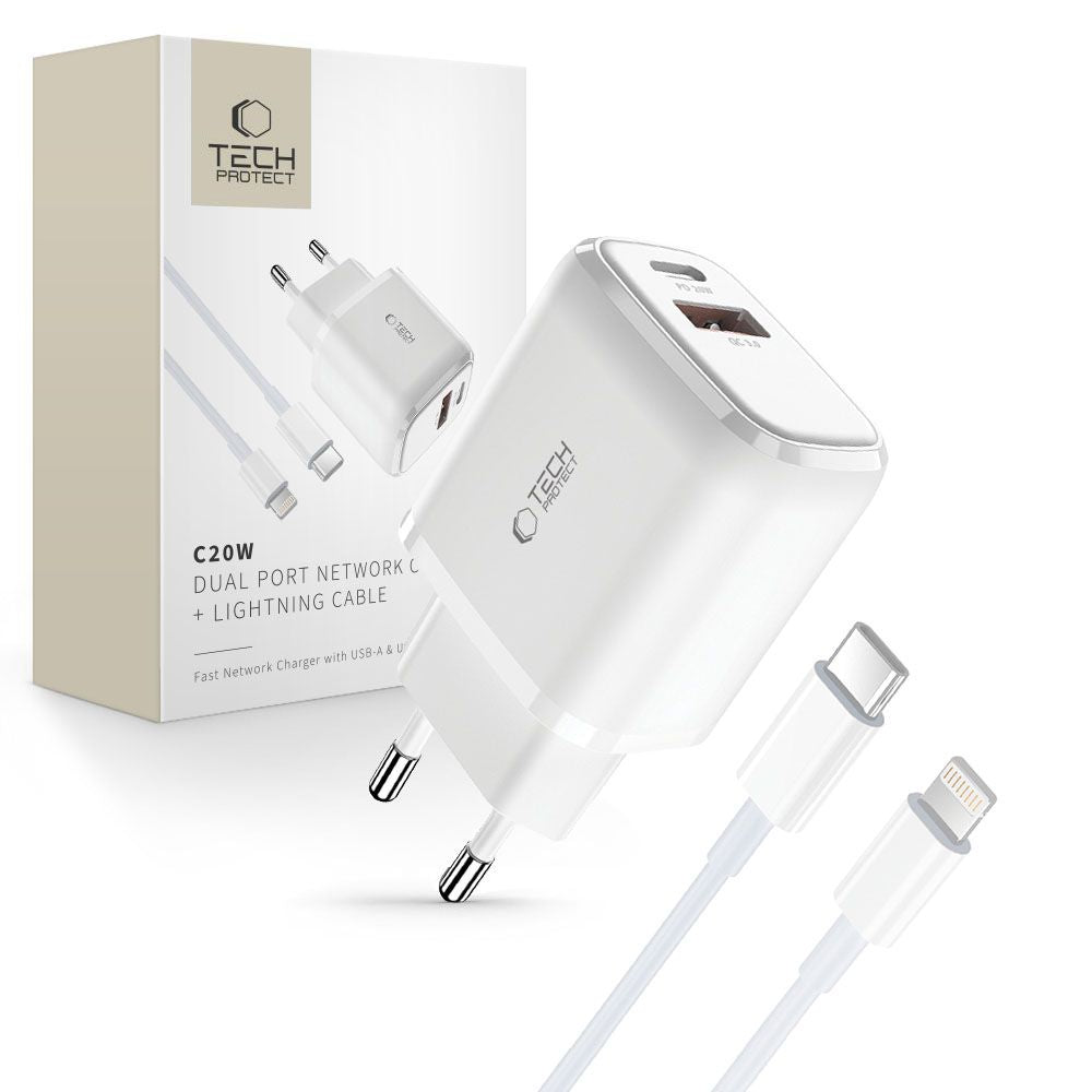 ŁADOWARKA SIECIOWA TECH-PROTECT C20W 2-PORT NETWORK CHARGER PD20W/QC3.0 + LIGHTNING KABEL BIAŁA