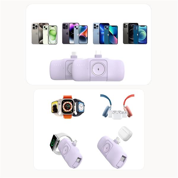 MINI POWERBANK WOZINSKY WF16-YCS 5000MAH 15W USB-C Z WBUDOWANYM KABLEM USB-C I ŁADOWARKĄ DO APPLE WATCH - FIOLETOWY