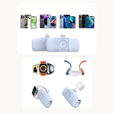 MINI POWERBANK WOZINSKY WF16-YCS 5000MAH 15W USB-C Z WBUDOWANYM KABLEM USB-C I ŁADOWARKĄ DO APPLE WATCH - NIEBIESKI