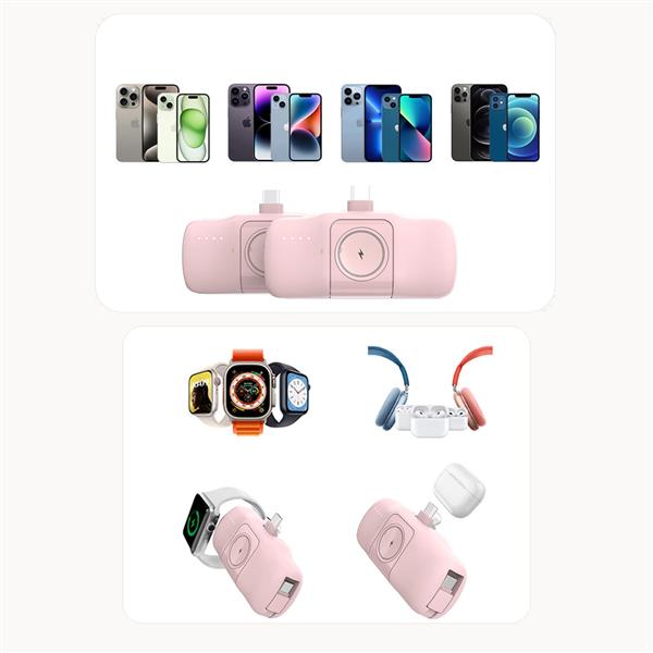 MINI POWERBANK WOZINSKY WF16-YCS 5000MAH 15W USB-C Z WBUDOWANYM KABLEM USB-C I ŁADOWARKĄ DO APPLE WATCH - RÓŻOWY