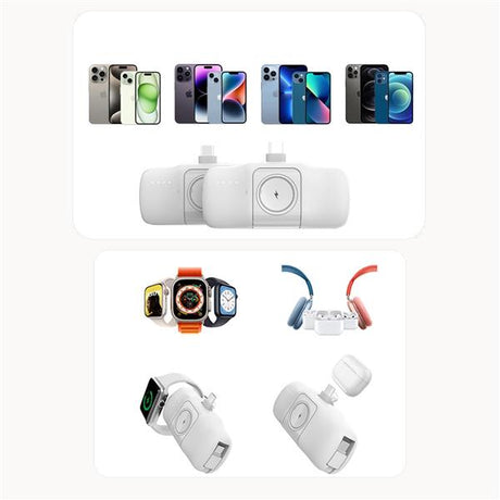 MINI POWERBANK WOZINSKY WF16-YLS 5000MAH 15W LIGHTNING Z WBUDOWANYM KABLEM USB-C I ŁADOWARKĄ DO APPLE WATCH - BIAŁY