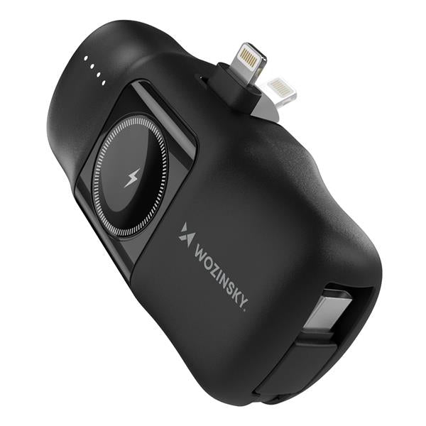 MINI POWERBANK WOZINSKY WF16-YLS 5000MAH 15W LIGHTNING Z WBUDOWANYM KABLEM USB-C I ŁADOWARKĄ DO APPLE WATCH - CZARNY