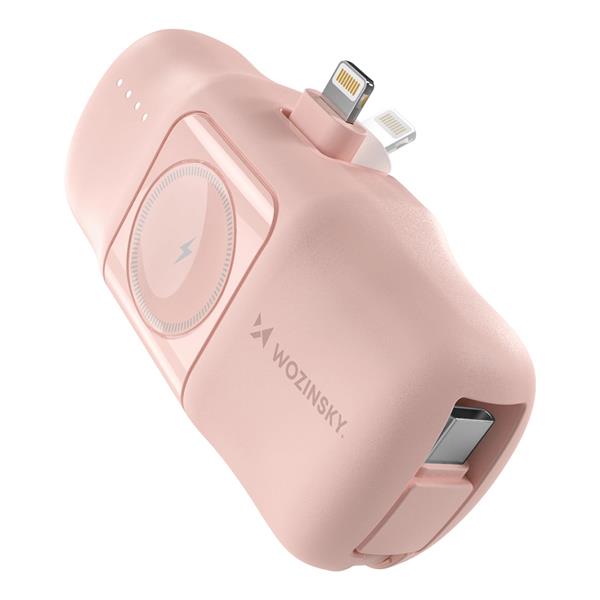 MINI POWERBANK WOZINSKY WF16-YLS 5000MAH 15W LIGHTNING Z WBUDOWANYM KABLEM USB-C I ŁADOWARKĄ DO APPLE WATCH - RÓŻOWY