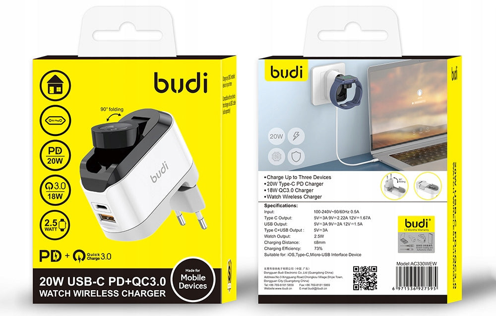 ŁADOWARKA BEZPRZEWODOWA BUDI 330WE USB-C 20W BIAŁO-CZARNA