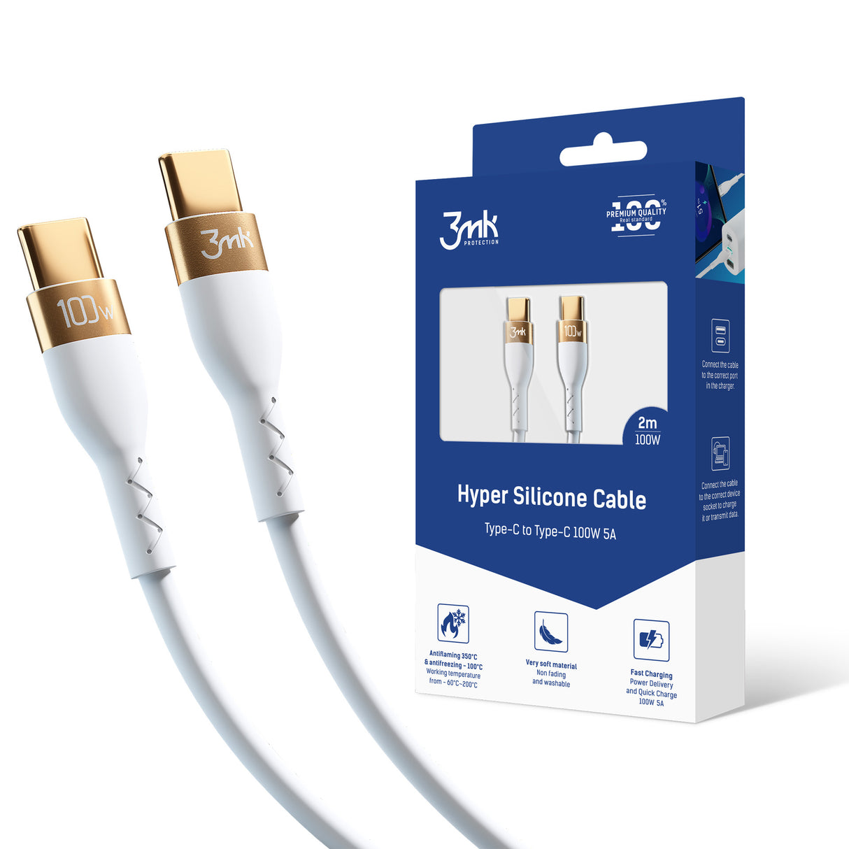 KABEL 3MK HYPER SILICONE CABLE USB C DO USB C 2M 100W WHITE BIAŁY