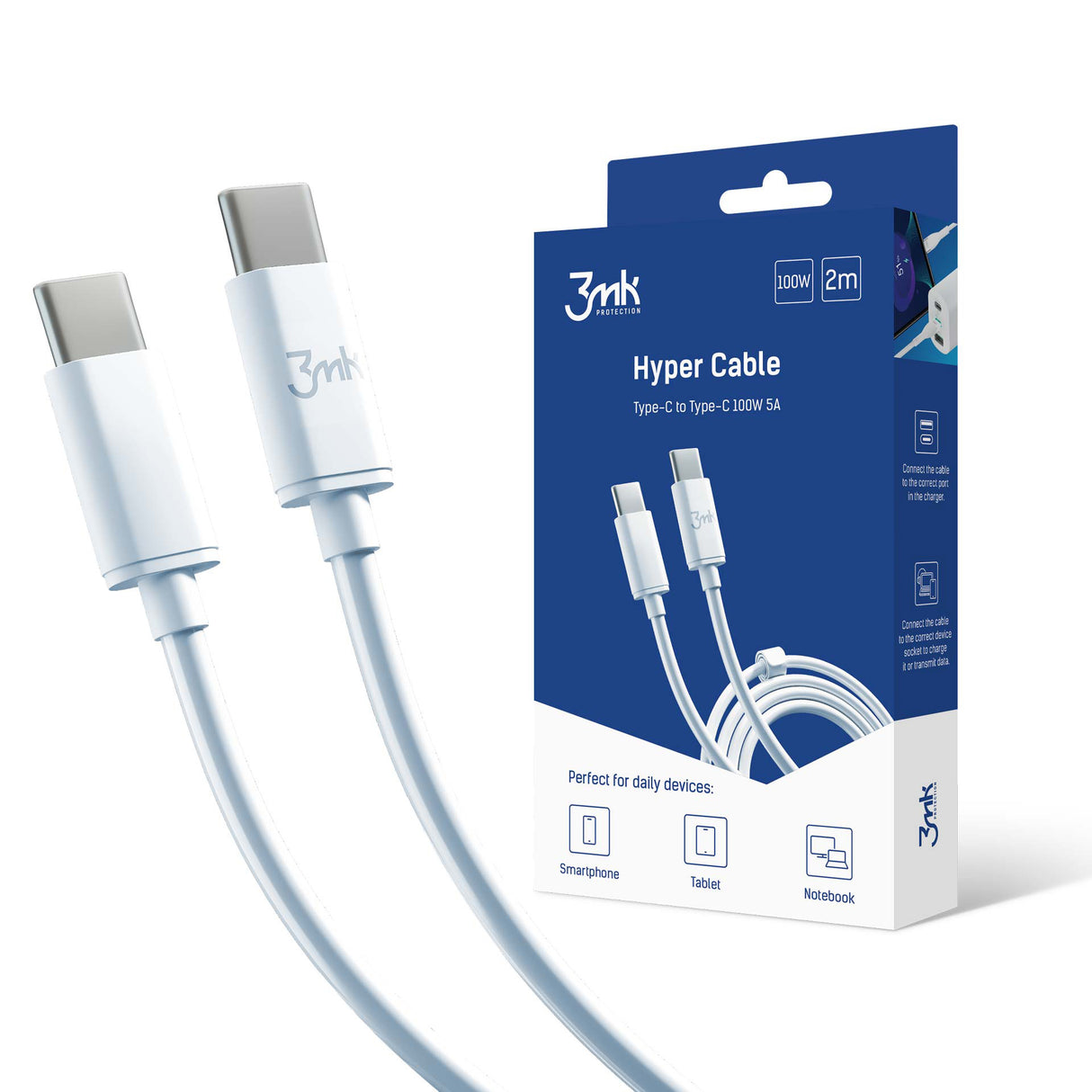 KABEL 3MK HYPER CABLE USB C DO USB C 2M 100W BIAŁY