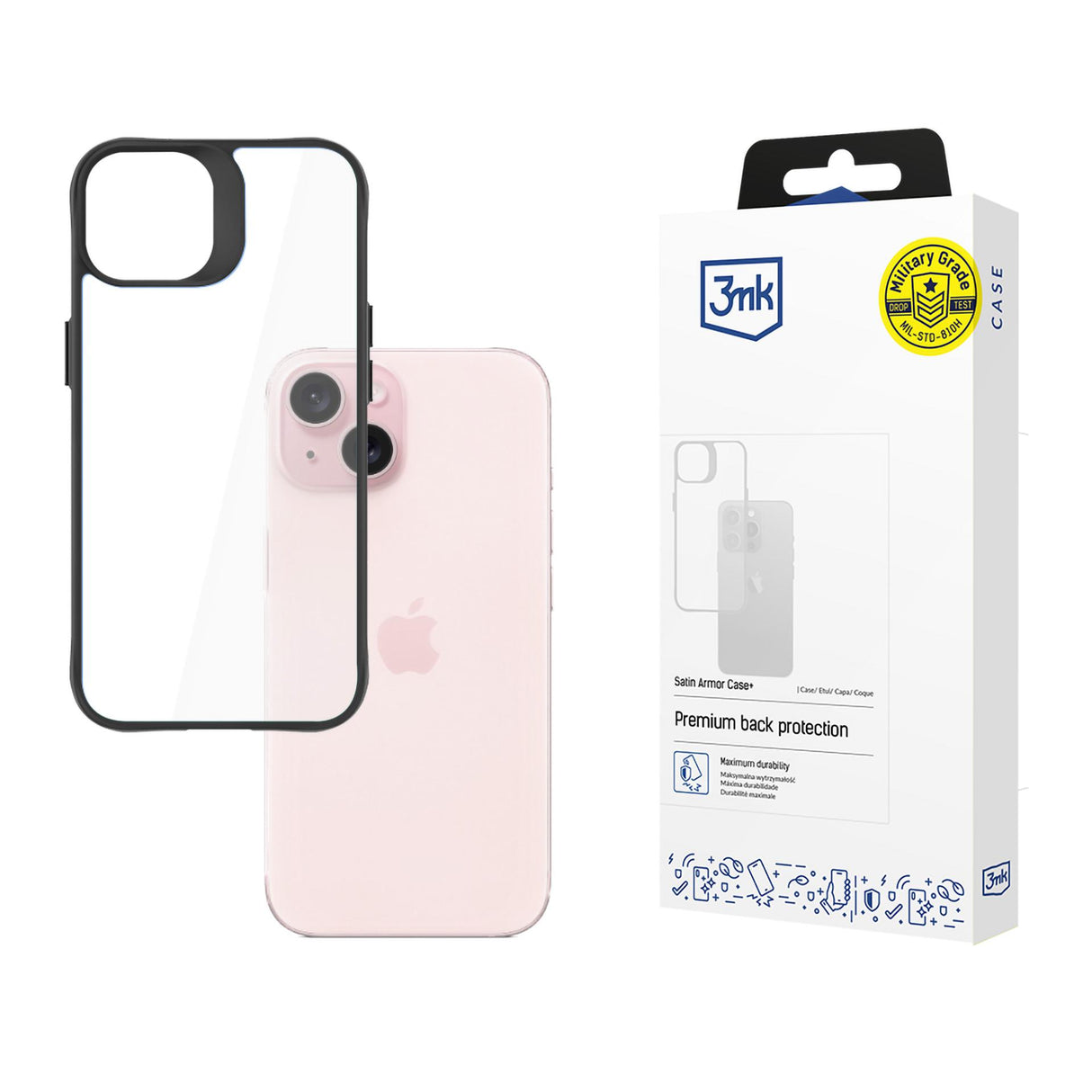 ETUI APPLE IPHONE 15 - 3MK SATIN ARMOR CASE+  CZARNE