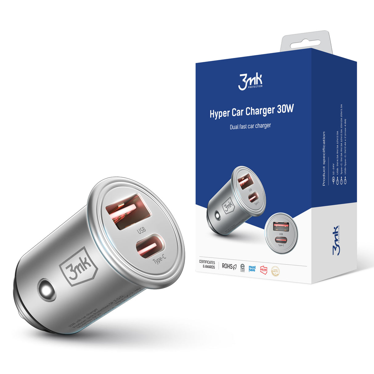 ŁADOWARKA SAMOCHODOWA 3MK HYPER CAR CHARGER 30W PD QC PPS USB 1A1C SILVER