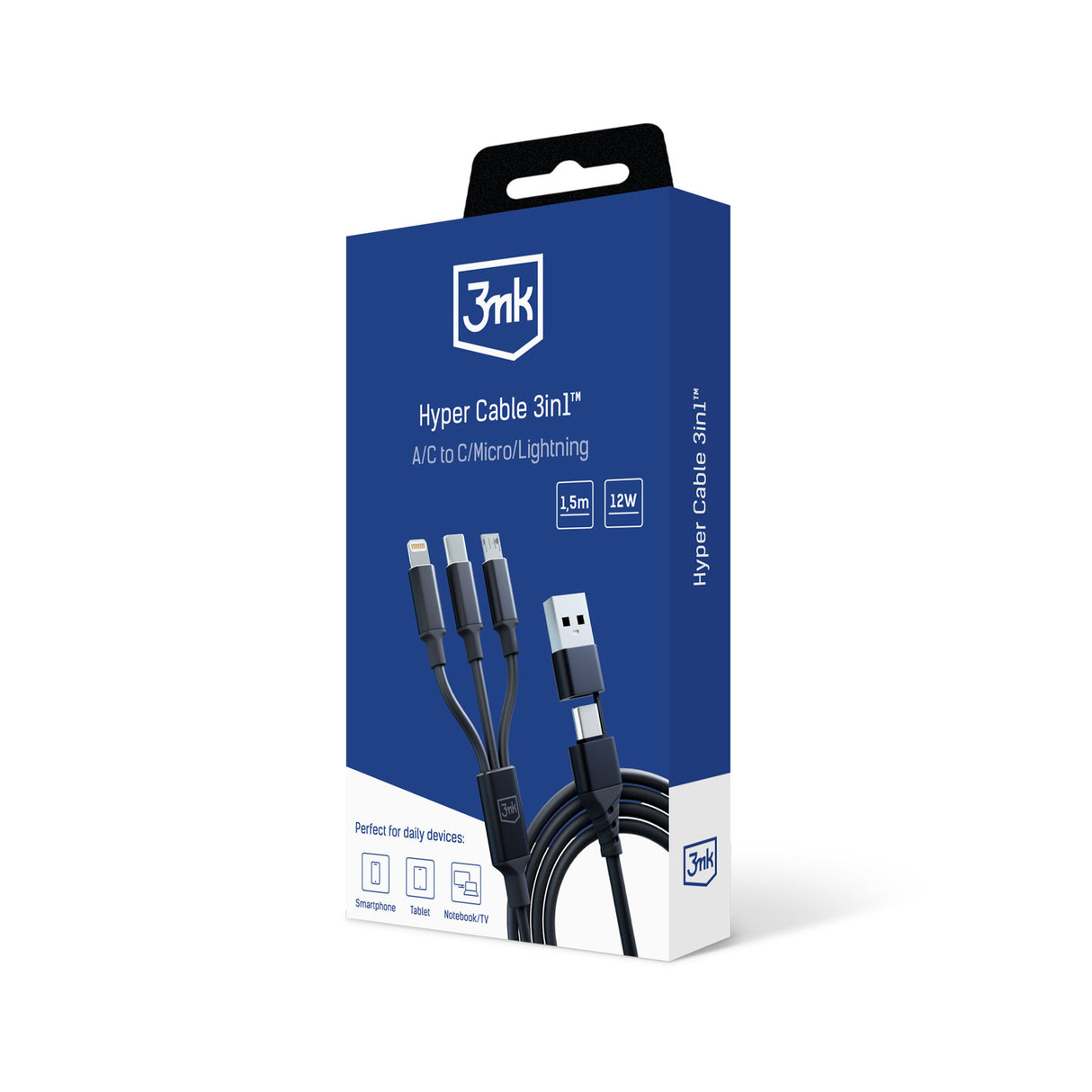 KABEL 3W1 3MK HYPER CABLE 3IN1 A/C TO C/MICRO/LIGHTNING 1.5M BLACK CZARNY