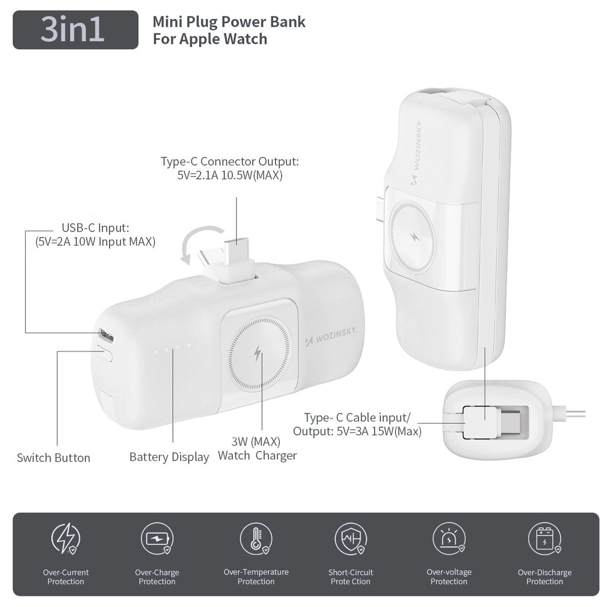 MINI POWERBANK WOZINSKY WF16-YCS 5000MAH 15W USB-C Z WBUDOWANYM KABLEM USB-C I ŁADOWARKĄ DO APPLE WATCH - BIAŁY