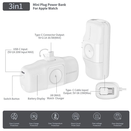 MINI POWERBANK WOZINSKY WF16-YCS 5000MAH 15W USB-C Z WBUDOWANYM KABLEM USB-C I ŁADOWARKĄ DO APPLE WATCH - BIAŁY