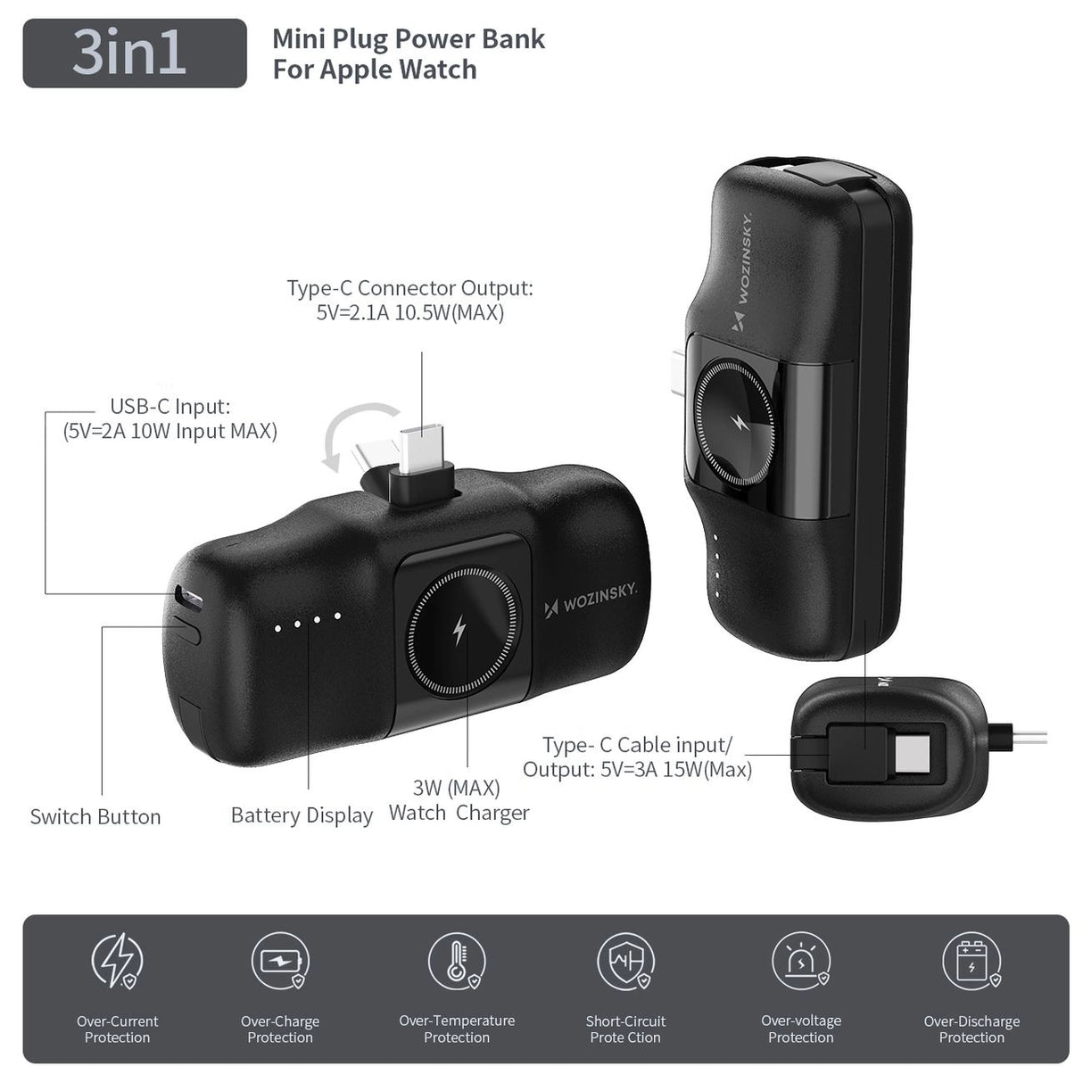 MINI POWERBANK WOZINSKY WF16-YCS 5000MAH 15W USB-C Z WBUDOWANYM KABLEM USB-C I ŁADOWARKĄ DO APPLE WATCH - CZARNY
